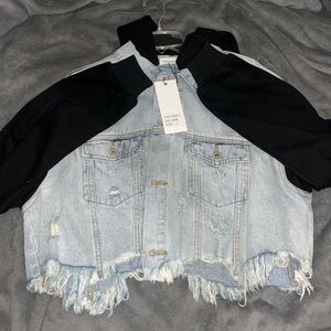 Jean jacket with black hood and sleeves